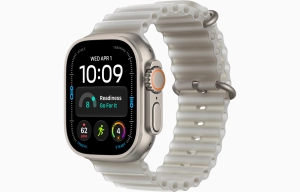 Apple Watch Ultra 4 GPS + Cellular 49 mm z tytanu w kolorze naturalnym - Pasek Ocean w kolorze półprzezroczystej szarości MJAD4QP/A