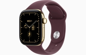 Apple Watch Series 12 GPS + Cellular 42 mm z tytanu w kolorze żywego złota - Pasek Sportowy w kolorze burgundu – rozmiar S/M MJGJ4MP/A