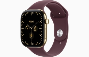 Apple Watch Series 12 GPS + Cellular 46 mm z tytanu w kolorze żywego złota - Pasek Sportowy w kolorze burgundu – rozmiar S/M MJGR4MP/A