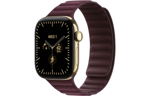 Apple Watch Series 12 GPS + Cellular 42 mm z tytanu w kolorze żywego złota - Karbowany pasek magnetyczny w kolorze burgunda MKRC4MP/A