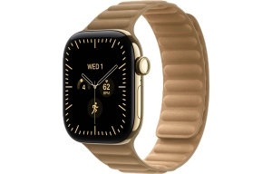Apple Watch Series 12 GPS + Cellular 42 mm z tytanu w kolorze żywego złota - Karbowany pasek magnetyczny w kolorze wielbłądziej sierści MKRG4MP/A
