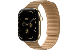 Apple Watch Series 12 GPS + Cellular 46 mm z tytanu w kolorze żywego złota - Karbowany pasek magnetyczny w kolorze wielbłądziej sierści MKRT4MP/A