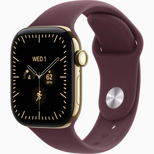Apple Watch Series 12 GPS + Cellular 42 mm z tytanu w kolorze żywego złota - Pasek Sportowy w kolorze burgundu – rozmiar M/L MJGK4MP/A