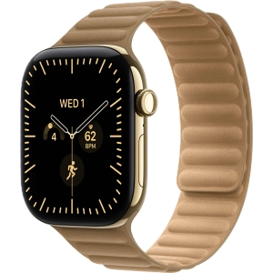 Apple Watch Series 12 GPS + Cellular 46 mm z tytanu w kolorze żywego złota - Karbowany pasek magnetyczny w kolorze wielbłądziej sierści MKRT4MP/A