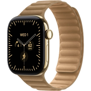 Apple Watch Series 12 GPS + Cellular 42 mm z tytanu w kolorze żywego złota - Karbowany pasek magnetyczny w kolorze wielbłądziej sierści MKRG4MP/A