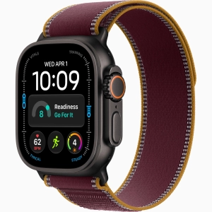 Apple Watch Ultra 4 GPS + Cellular 49 mm z tytanu w kolorze czarnym - Opaska Trail w kolorze burgunda MKA74QP/A